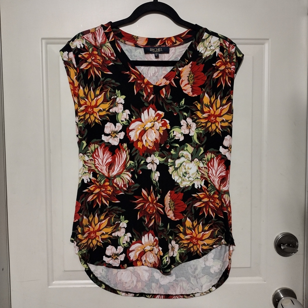 RACHEL Rachel Roy Black Floral V-neck Short Cap Sleeve Hi-Low Blouse Size Medium